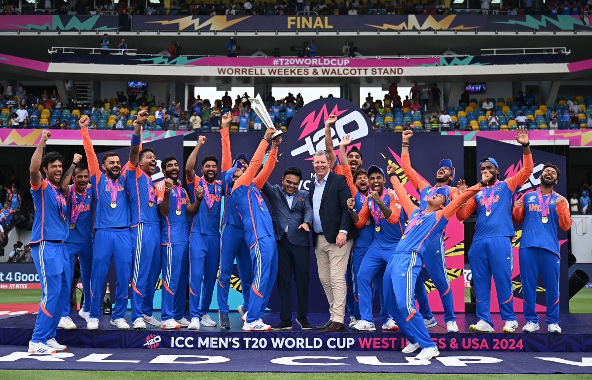 beingkeyur143's tweet photo. Champions once again! Proud and emotional moment as India lifts the T20 World Cup. Dreams realized, history made, and hearts filled with pride. Huge thanks to our captain, Rohit Sharma, for leading us to victory! 🇮🇳🏆 🥺#T20WorldCupFinal2024   #TeamIndia  #RohitSharma𓃵 https://t.co/kmIu2v3R2P