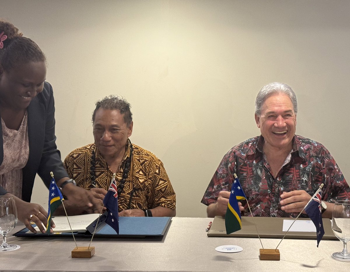 NewZealandMFA's tweet photo. Foreign Ministers of Solomons & NZ have signed an enhanced Air Services Agreement.

It will improve “the freedom of air services on routes b/w 🇳🇿 & 🇸🇧 , which will benefit tourism & business travel, allow for easier travel for seasonal workers, & offer better trade potential,” Mr Peters says.