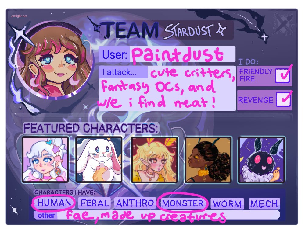 Baby’s first time joining #ArtFight I dare you to attack my characters ✍️✨