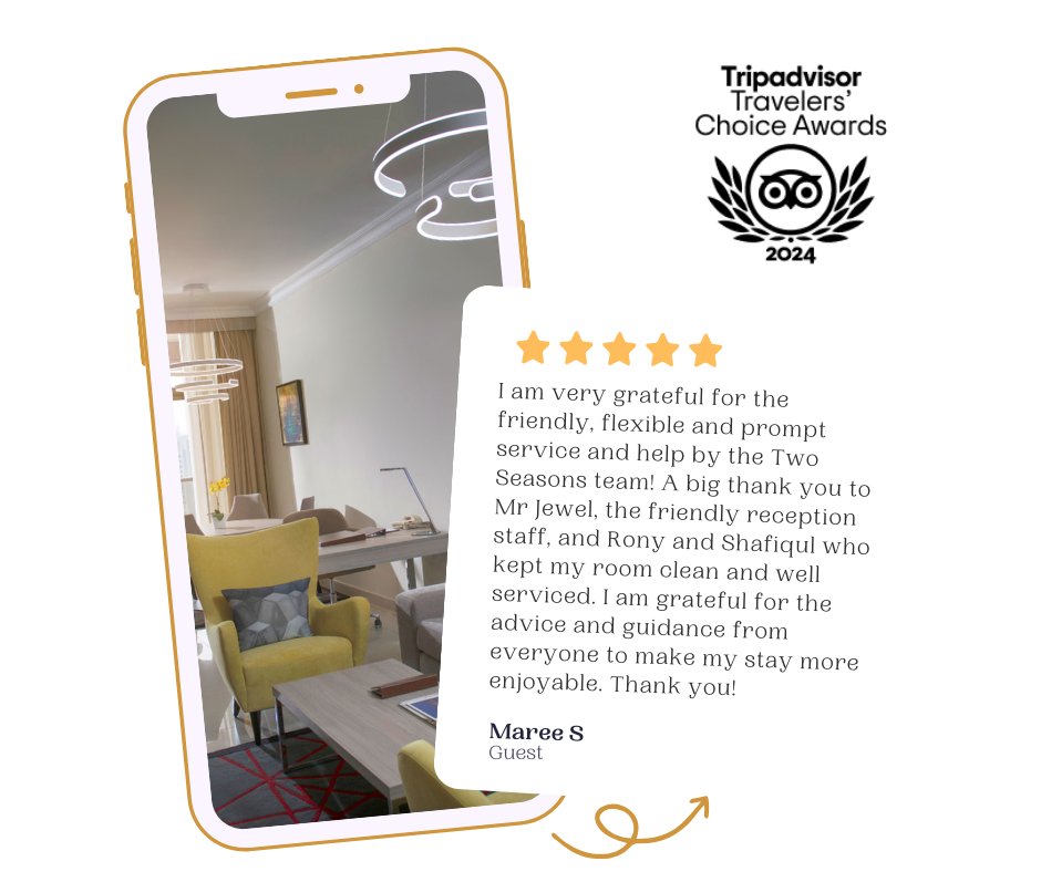🌟 Thank you for your wonderful review, Maree! 🌟 We're thrilled you enjoyed our friendly service. Your kind words inspire us to keep delivering excellence. See you soon! 😊 . . #CustomerAppreciation #FiveStarService #TwoSeasonsHotel #HospitalityExcellence