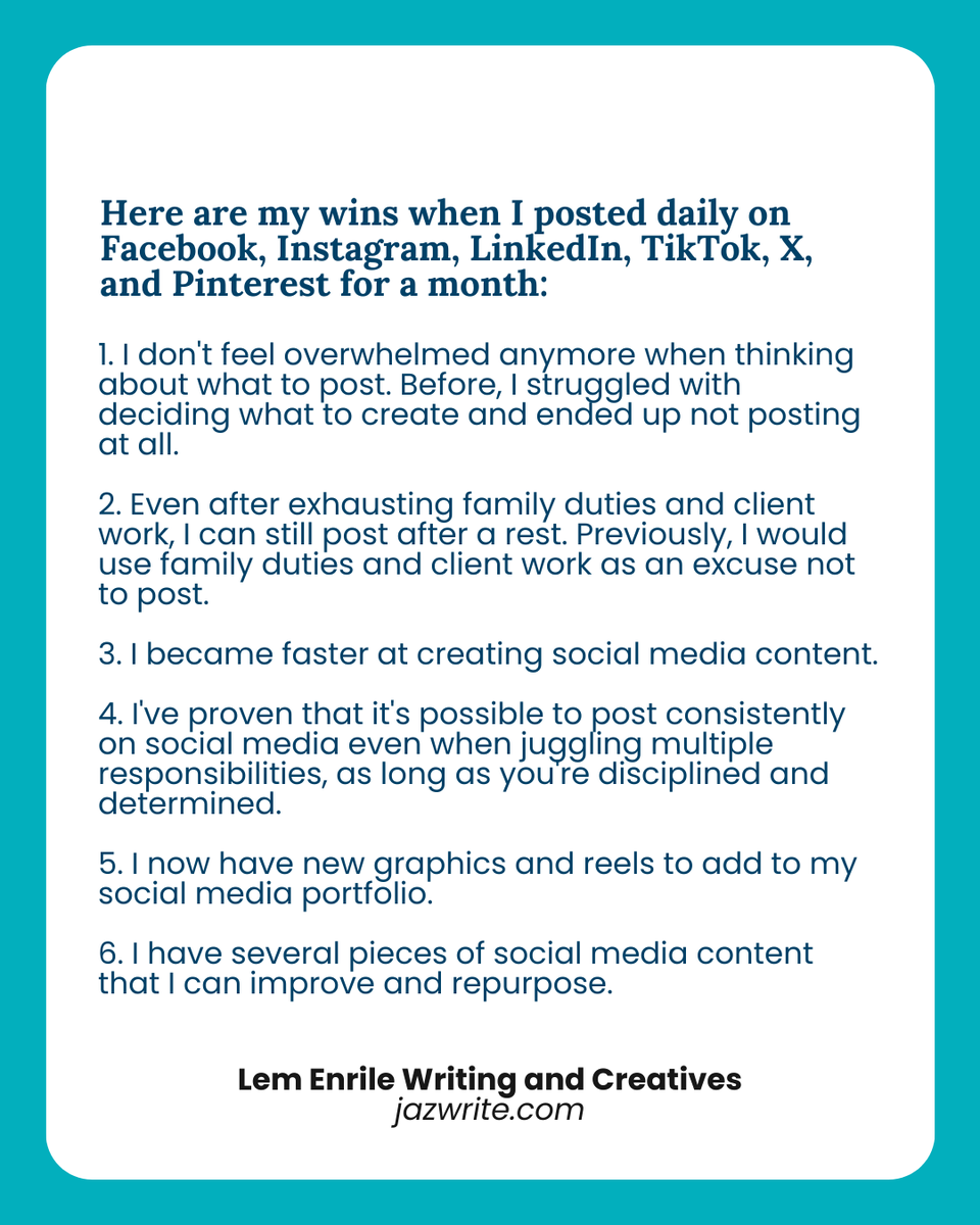 LemEnrile's tweet photo. I tried posting daily. I thought I wouldn’t make it. But I did it ✨ Sharing my wins.

❓ Do you also post daily? How was the experience when you first started?

#dailyposting #consistency #socialmedia #socialmediatips #socialmediamarketing #freelancewriter #jazwrite https://t.co/jPK4miXCOs