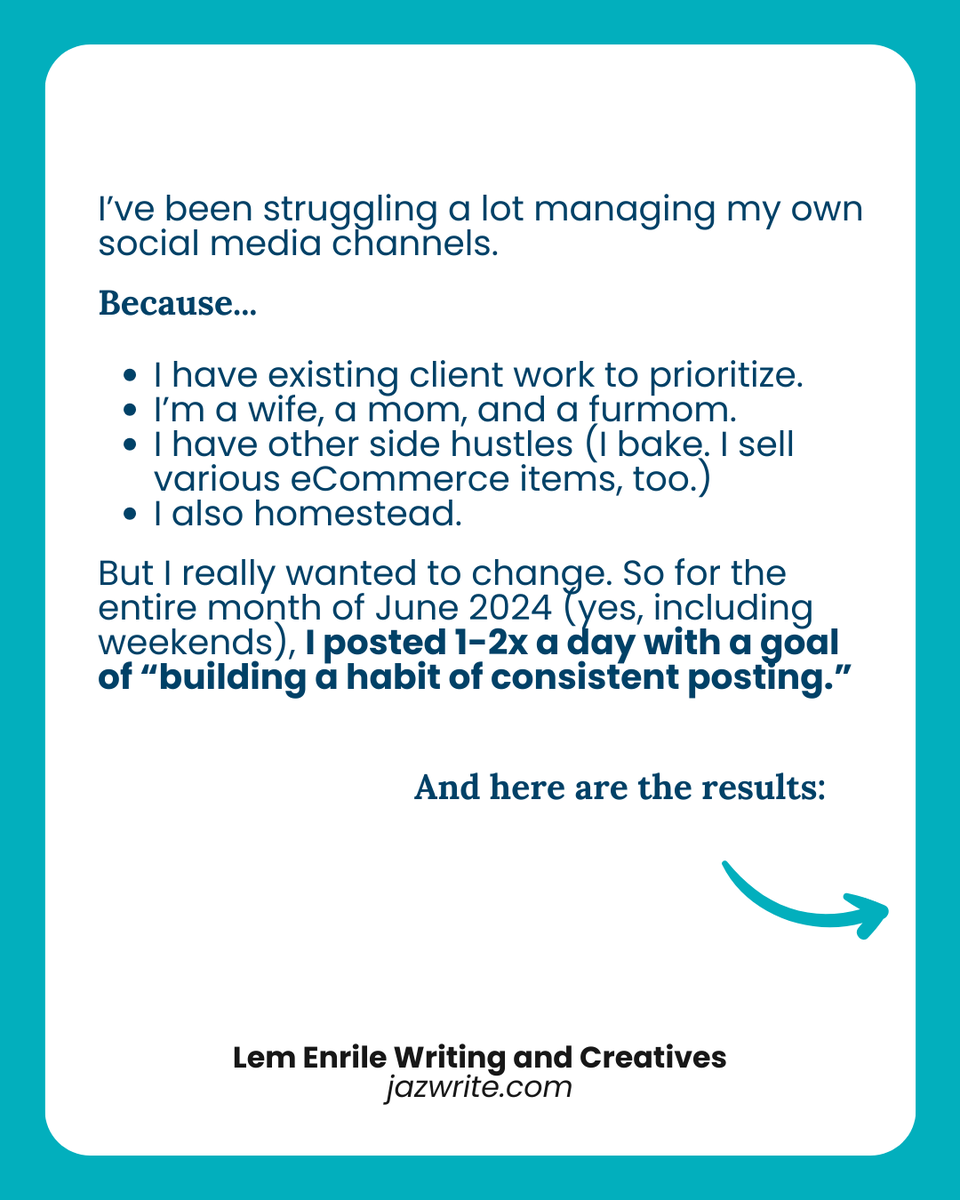 LemEnrile's tweet photo. I tried posting daily. I thought I wouldn’t make it. But I did it ✨ Sharing my wins.

❓ Do you also post daily? How was the experience when you first started?

#dailyposting #consistency #socialmedia #socialmediatips #socialmediamarketing #freelancewriter #jazwrite https://t.co/jPK4miXCOs