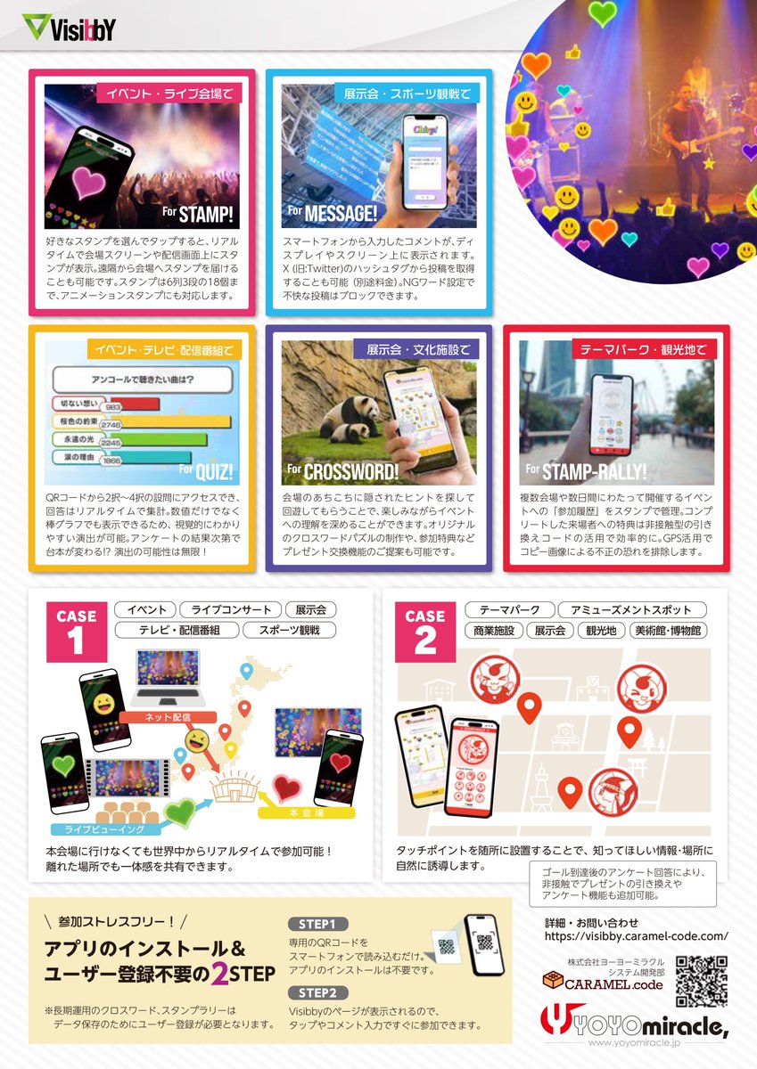 YOYOmiracle_Inc's tweet photo. イベント来場者・番組配信視聴者とのライブコミュニケーションシステム『Visibby [ビジビー]』
Visibbyは５つのツールを備えています。

・みんなの気持ちをスタンプで表示
　For STAMP!

・送られたメッセージでつながろう
　For MESSAGE!

・クイズやアンケートをリアルタイム集計
　For QUIZ!

・クロスワードで理解を深めてもらおう
　For CROSSWORD!

・多くの場所へ足を運んでもらおう
　For STAMP-RALLY!

さまざまなシチュエーションに対応できます。