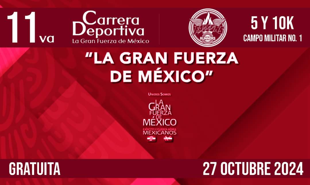 FalconsRunners's tweet photo. Se confirma la fecha para la próxima edición 11va. Edición de la Carrera de 5K y 10K La Gran Fuerza de México en el campo militar No. 1, se realizará el 27 de octubre 2024. !ATENTOS¡  
Próximamente publicaremos las inscripciones.

#FalconsRunners #Sedena #LaGranFuerzadeMexico https://t.co/79vpunNlkF