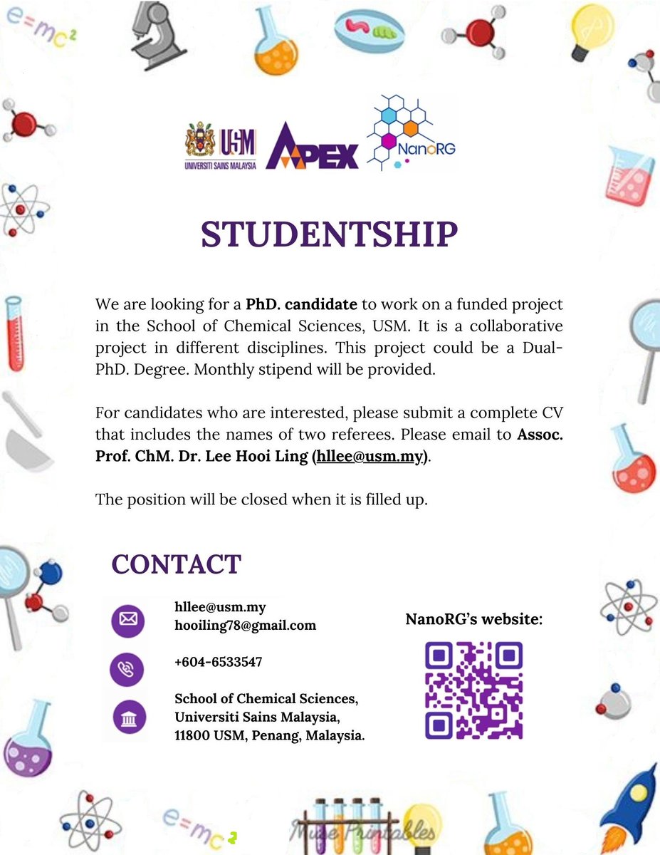 hooiling78's tweet photo. [PhD Studentship]
Looking for a PhD candidate to work on a funded project in USM. This project could be a dual-PhD degree. The monthly stipend will be provided.

Please submit a complete CV that includes two referees. Please email to hllee@usm.my). https://t.co/wLAGD4ZZMG