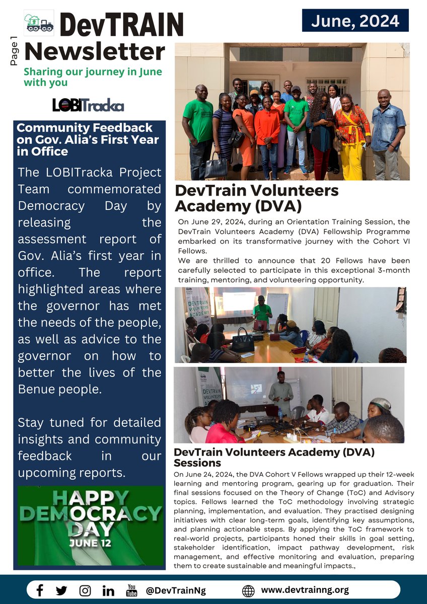 DevTrainNg's tweet photo. We're excited to share the June 2024 highlights with you!
Discover the latest news, updates, and events from our organization. Dive into this month's newsletter to stay informed about our ongoing developments and initiatives.
#DevTrainNewsletter
#SustainableYouthDevelopment https://t.co/spT0KJH6I0
