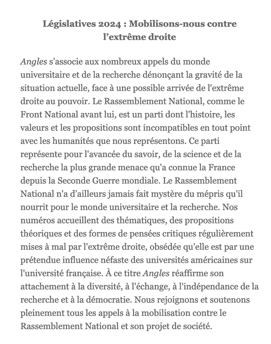 Communiqué de mobilisation contre l'extrême-droite par les co-directrices de Angles, revue de la SAES.