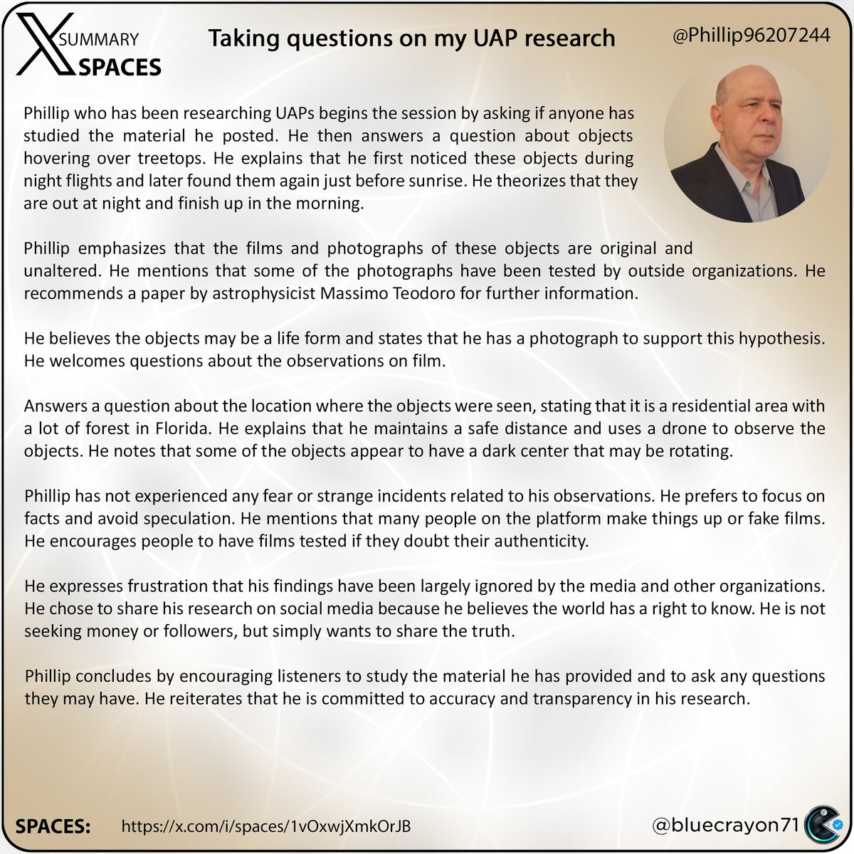 bluecrayon71's tweet photo. Taking questions on my UAP research @Phillip96207244

Spaces: https://t.co/gkLrbuHw0V

#UFOs #disclosure #spirituality #religion #aliens #conspiracytheories #extraterrestrials #ancienttexts #Bible #paranormal #theunexplained https://t.co/VcCQJrpE6C