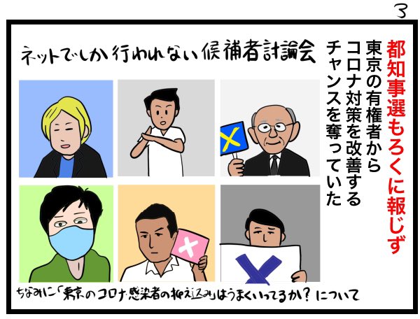 2020年に描いていた漫画。 小池さんの手口は今と変わらず、やはり候補者討論会は徹底して避けてボロが出ないようにしていました。