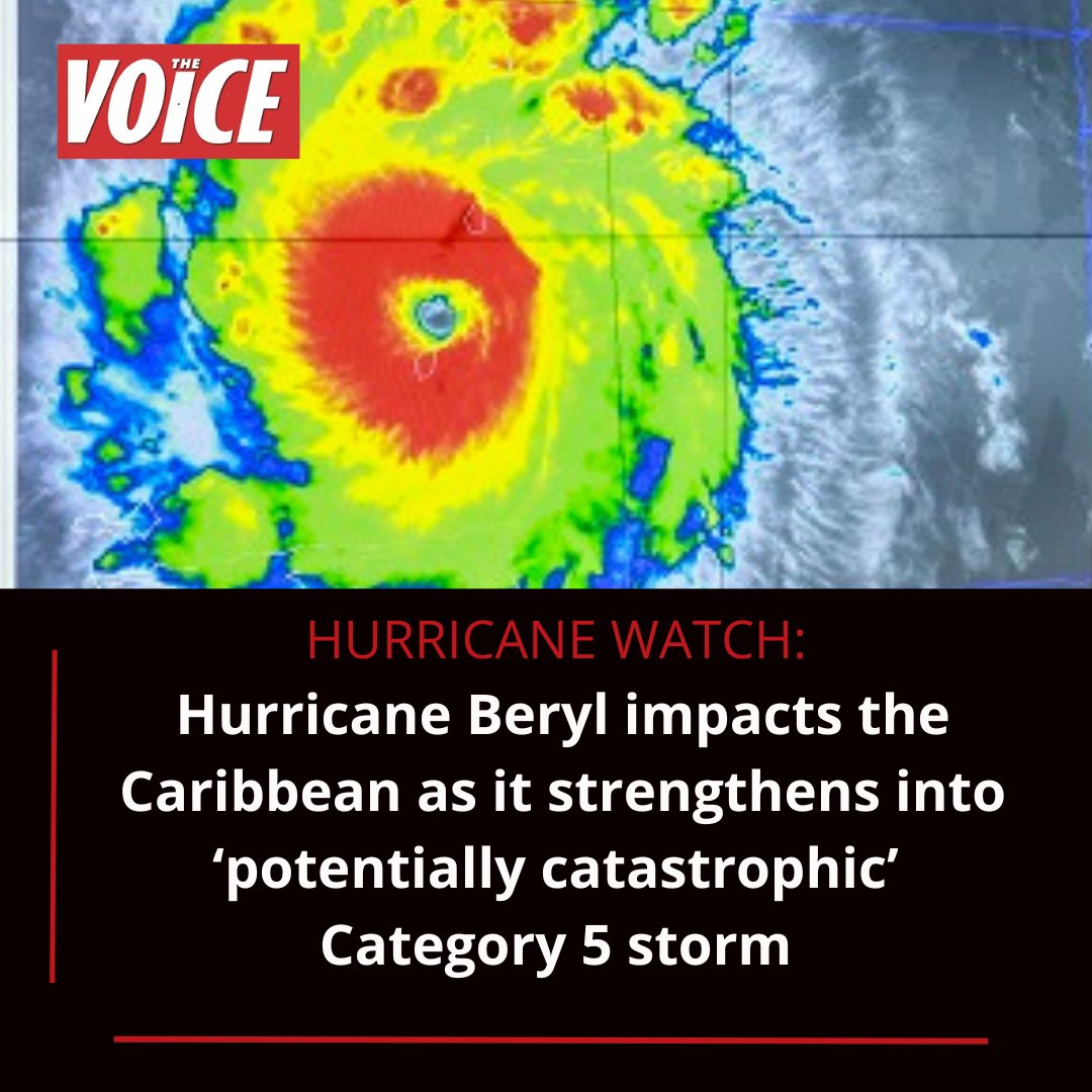 TheVoiceNews's tweet photo. Reports from the US National Hurricane Centre advise that Hurricane Beryl has intensified into a “potentially catastrophic” Category 5 storm

The storm is headed toward Jamaica after causing damage in Grenada, Carriacou, St Vincent &amp; the Grenadines.

#prayersforthecaribbean https://t.co/LCy8KVQs6x