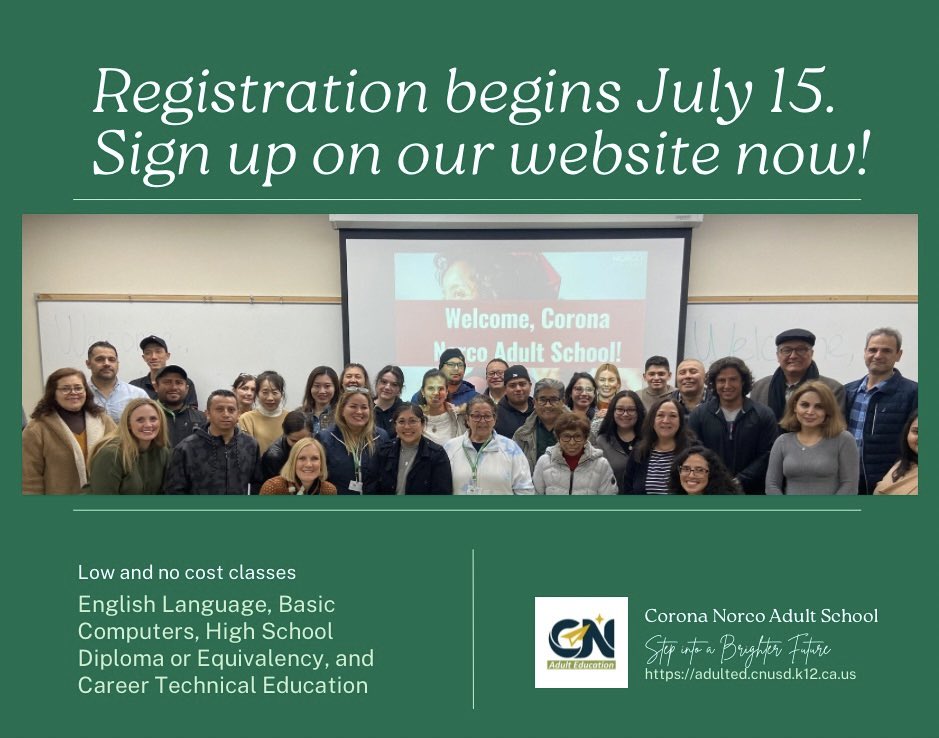 cnAdultSchool's tweet photo. Registration begins July 15, 2024. Sign up for an in-person orientation, assessment, and placement on our website. https://t.co/H2TYBtx5QD https://t.co/U3jGgygGCR