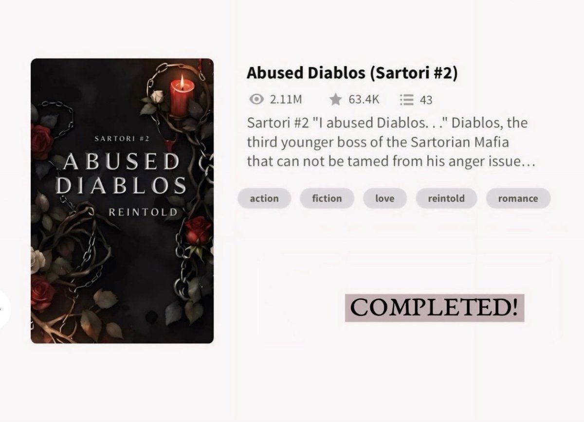 NEW COMPLETED STORY!

Title: Abused Diablos 
Series: Sartori 2
Genre: Romance (Subgenre: Dark)
Author: reintold

Link: wattpad.com/story/35969506…