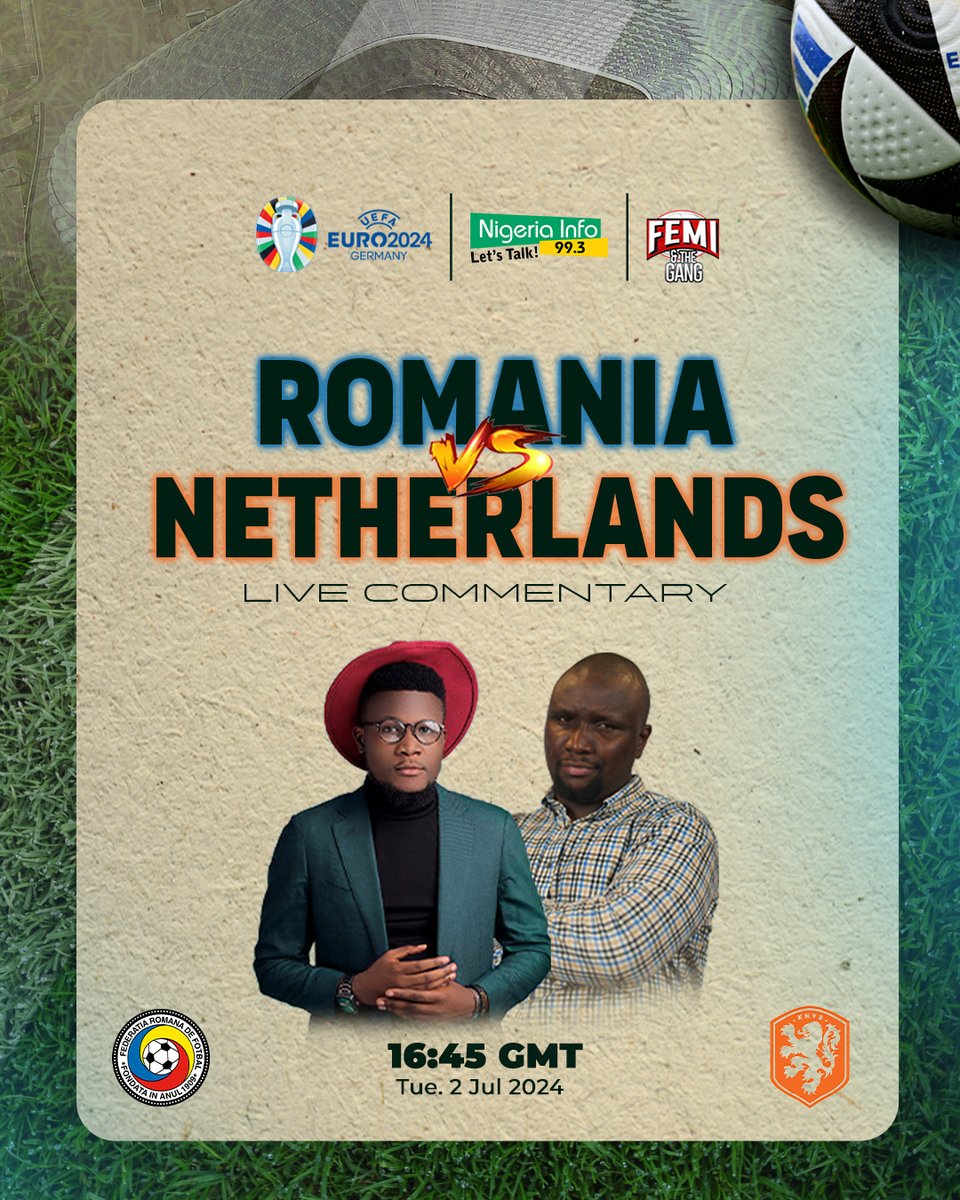 NigeriainfoFM's tweet photo. Which team takes the next spot in the quarter-final?
Romania or Netherlands?
Listen live:๐ปhttps://t.co/V2sOpwBW7z
๐๏ธ: @devoyceoflagos & @Didibiggs
#Fatglive #EURO2024 #ROUNED https://t.co/JiUoy3eA1m