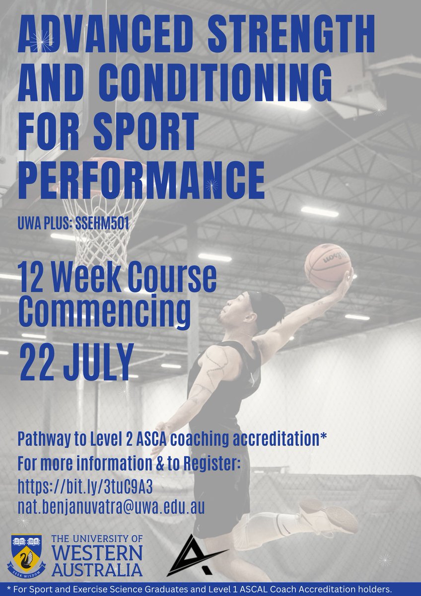 Nat Benjanuvatra (@nbenjanuvatra) on Twitter photo Our Microcredential in Advanced Strength and Conditioning Coaching is back for another year. Great opportunity for Sport and Exercise Students to work towards a Level 2 ASCA Accreditation.
Learn more at bit.ly/3tuC9A3
<a href="/UWAhumanscience/">UWA School of Human Sciences</a> <a href="/danielhiscock4/">Daniel Hiscock, PhD</a> Our Microcredential in Advanced Strength and Conditioning Coaching is back for another year. Great opportunity for Sport and Exercise Students to work towards a Level 2 ASCA Accreditation.
Learn more at bit.ly/3tuC9A3
<a href="/UWAhumanscience/">UWA School of Human Sciences</a> <a href="/danielhiscock4/">Daniel Hiscock, PhD</a>