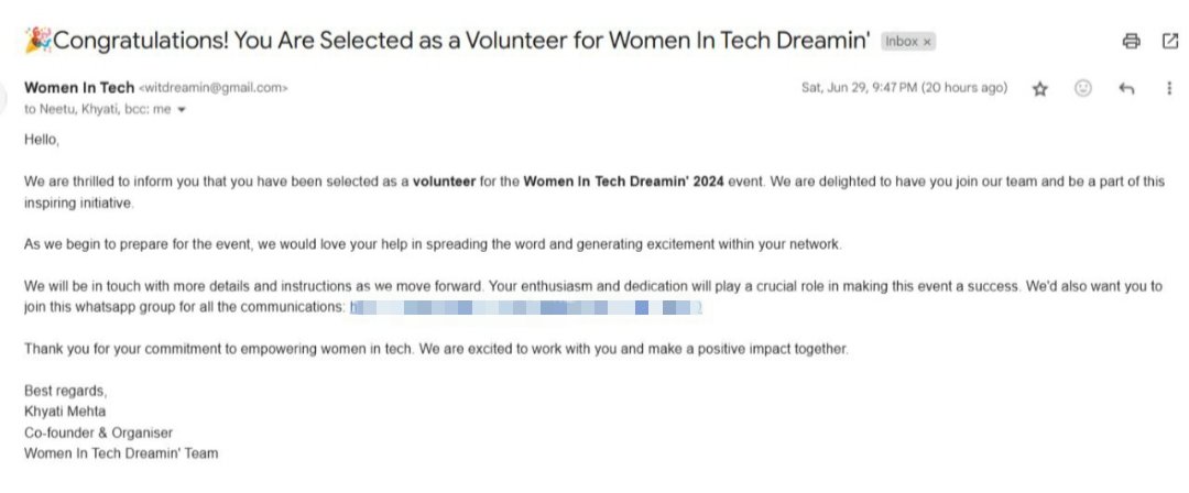 mr_sinhaaaa's tweet photo. I'm thrilled to announce that I've been chosen as a Volunteer for Women In Tech Dreamin 2024 in Kolkata🚀

Date: 26th October 2024 
Venue: Hyatt Regency, Kolkata  

A Special Thanks to  @khyatu07 &amp; @NeetuBansal5 for this opportunity

#WITDreamin2024 #volunteering https://t.co/XOEcXXsS42