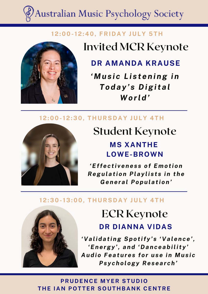 AMPS (@ausmuspsysoc) on Twitter photo A reminder that even if you can't attend our conference in person, you can still sign up for our keynote presentations, which will be livestreamed! The student <a href="/XantheLoweBrown/">Xanthe Lowe-Brown</a> and ECR <a href="/DiannaVidas/">Dr Dianna Vidas</a> keynotes will be on July 4, and our MCR keynote <a href="/StudyListening/">Research Listening</a> will be on July 5 A reminder that even if you can't attend our conference in person, you can still sign up for our keynote presentations, which will be livestreamed! The student <a href="/XantheLoweBrown/">Xanthe Lowe-Brown</a> and ECR <a href="/DiannaVidas/">Dr Dianna Vidas</a> keynotes will be on July 4, and our MCR keynote <a href="/StudyListening/">Research Listening</a> will be on July 5