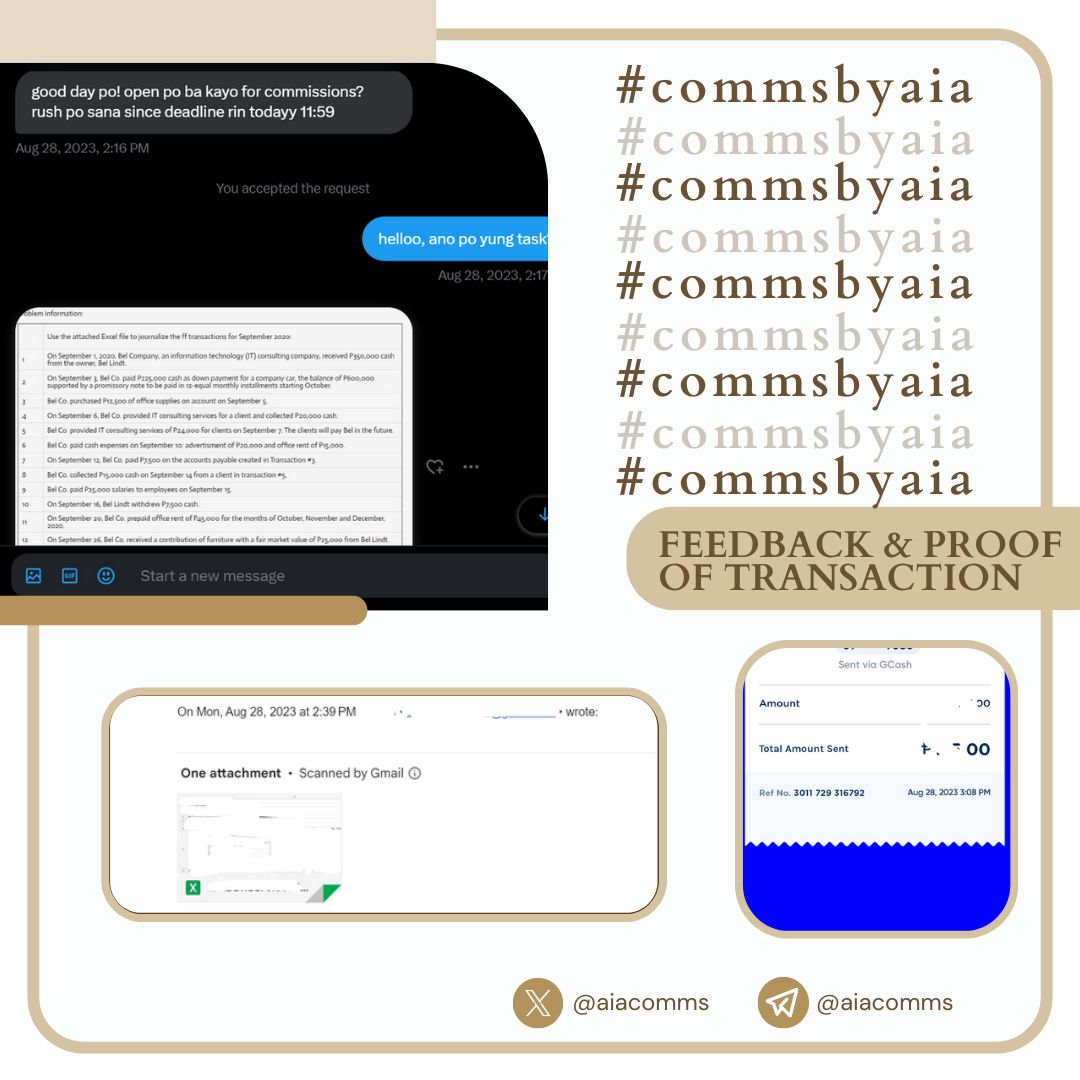 [#commsbyaia] ✭✫

⋆˚✿˖° Thank you so much for trusting! 🌸
- journal entry/journalizing

✿ accepting rush and non-rush
✿ selling pdf materials
✿ dm me to inquire
✿ open to all!

tags: lf client abm bsa basic accounting genmath statistics fabm ia valix millan law commstwt