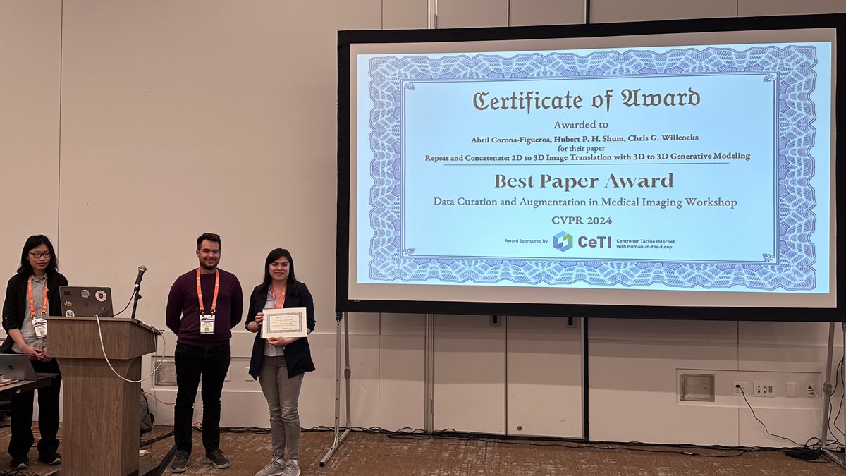 dca_in_mi's tweet photo. Huge congrats to our award winners at the DCAMI Workshop @CVPR this past month! 🎉

🏆Best Paper Award: 

"Repeat and Concatenate: 2D to 3D Image Translation with 3D to 3D Generative Modeling" 
by Abril Corona-Figueroa, Hubert P. H. Shum, and Chris G. Willcocks! https://t.co/0fCe0zUKzu