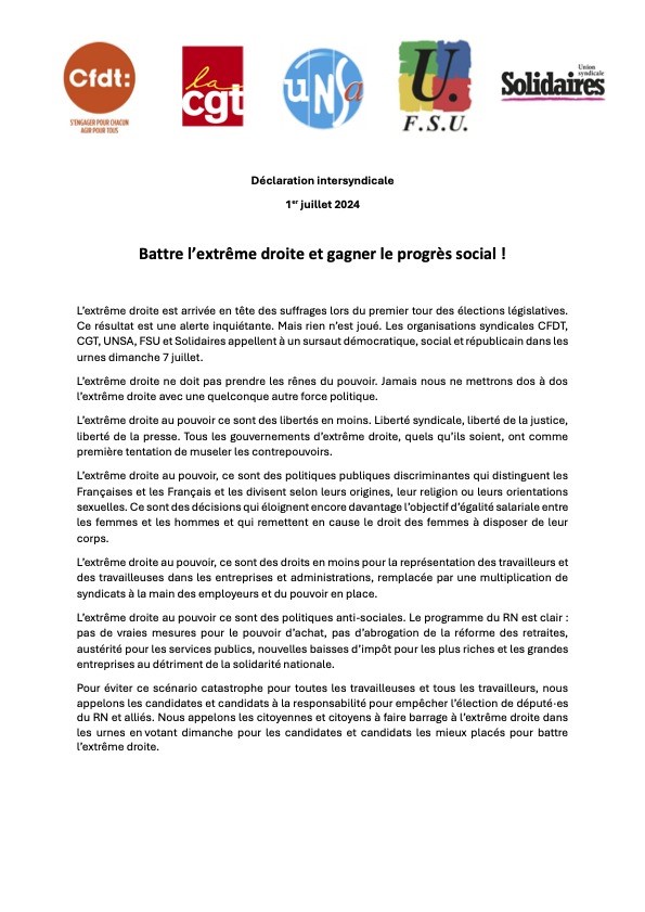CFDT's tweet image. || DÉCLARATION COMMUNE || Battre l&apos;extrême droite et gagner le progrès social 

#législatives