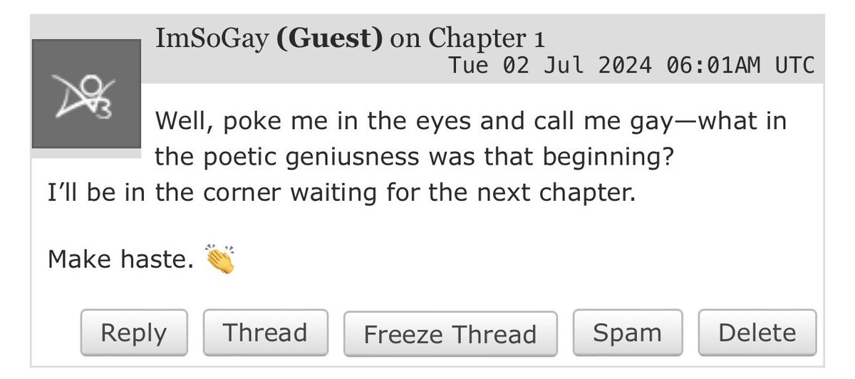 deilia96's tweet photo. HAHA I don’t think that’s a saying, but I’ll take the compliment. 😭 #makehaste #ao3 #funnycomment #zhongchi #ao3comment https://t.co/yy2RqlxjQb