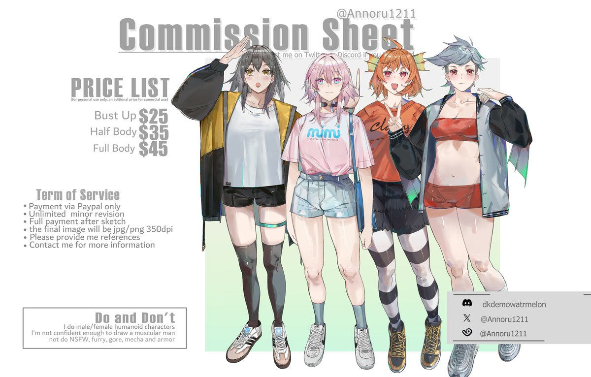 [Retweet/Repost are very appreciated]
Hello! im open commission for 5 slots for this Month If you interested just DM me on Discord dkdemowatrmelon or Twitter. 
More sample: vgen.co/Annoru1211 
Thank you!! 
#commissionsopen #commissions #ArtCommission