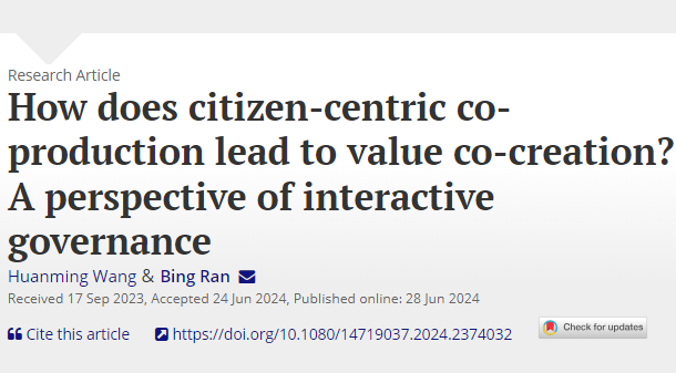 Huanming Wang and Bing Ran enrich the theoretical discourse on citizen-centric co-production and offer practical insights for citizen-centric public service delivery tandfonline.com/doi/full/10.10…