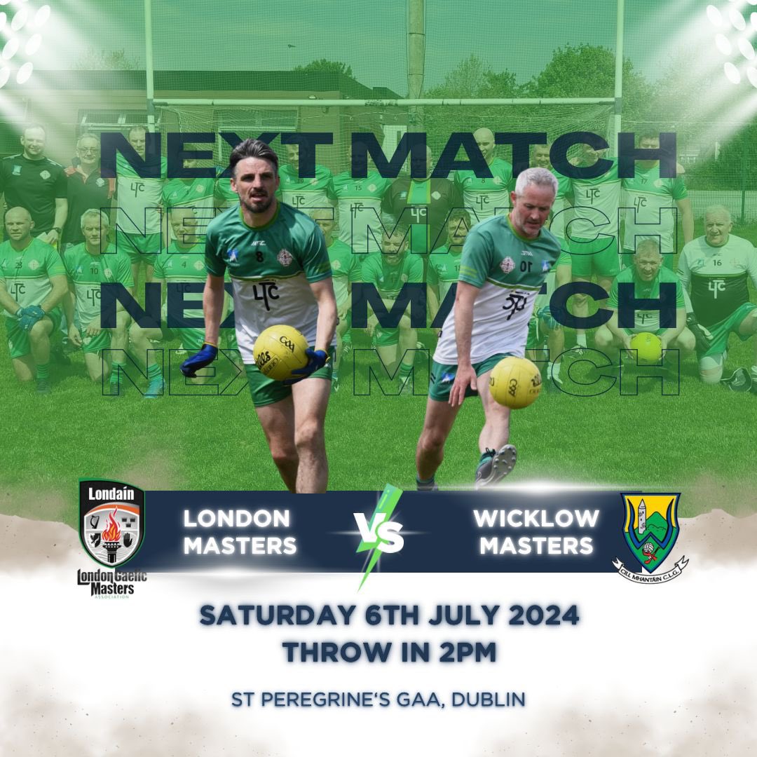 London Gaelic Masters (@londainmasters) on Twitter photo This weekend we travel to Ireland for our 5th game in the <a href="/GaelicMasters/">Gaelic Masters Association</a> championship vs <a href="/wicklowgaa/">Official Wicklow GAA</a> Masters, who are in their 1st season.
📍 <a href="/Peregrinesgaa/">St. Peregrines GAA</a>
⏰ 14:00
📆 Sat 6th July This weekend we travel to Ireland for our 5th game in the <a href="/GaelicMasters/">Gaelic Masters Association</a> championship vs <a href="/wicklowgaa/">Official Wicklow GAA</a> Masters, who are in their 1st season.
📍 <a href="/Peregrinesgaa/">St. Peregrines GAA</a>
⏰ 14:00
📆 Sat 6th July