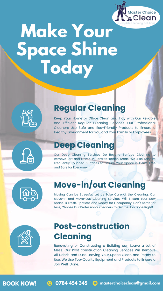 MasterCleanUg's tweet photo. It's a #MasterClean Tuesday! Transform your Home or office spaces and shine with a range of our complete cleaning solutions.
We're a call away. https://t.co/3gBP5ecFmf