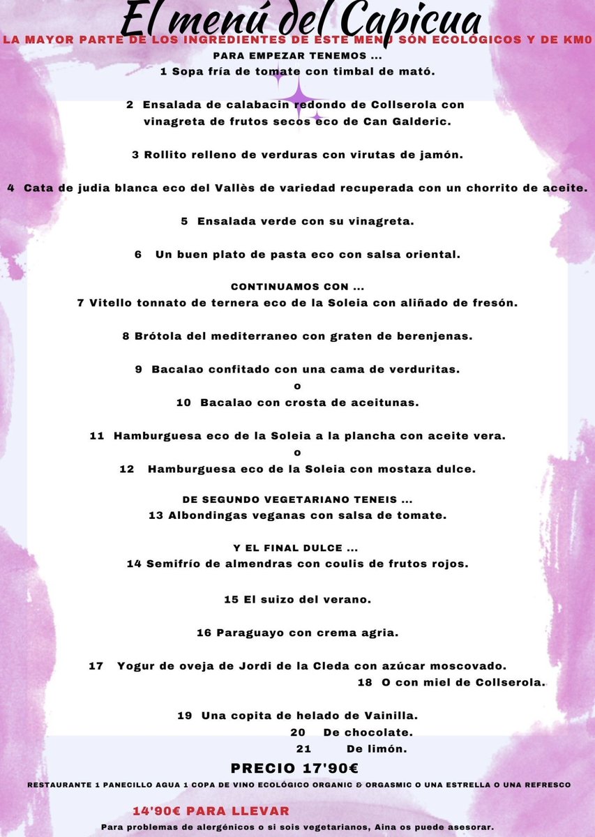 Bon dia bona gent!

Ja de vacances? Encara no? Doncs nosaltres començarem la setmana amb aquest #CapiMenú!

#FemUnCapicua?