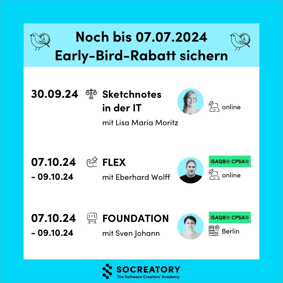 socreatory (@socreatory) on Twitter photo 🔔 Nur noch bis 07.07.2024 gibt’s 10% Early-Bird-Rabatt auf diese Kurse! 🐦
📅 30.09.24: Sketchnotes in der IT mit <a href="/Teapot4181/">Lisa Maria Moritz</a>
📅 07. - 09.10.24: FLEX (online) mit <a href="/ewolff/">Eberhard Wolff</a>
📅 07. - 09.10.24: FOUNDATION (Berlin) mit @kaesfiehs
Sichert euch schnell euren Platz! 🚀
#EarlyBird 🔔 Nur noch bis 07.07.2024 gibt’s 10% Early-Bird-Rabatt auf diese Kurse! 🐦
📅 30.09.24: Sketchnotes in der IT mit <a href="/Teapot4181/">Lisa Maria Moritz</a>
📅 07. - 09.10.24: FLEX (online) mit <a href="/ewolff/">Eberhard Wolff</a>
📅 07. - 09.10.24: FOUNDATION (Berlin) mit @kaesfiehs
Sichert euch schnell euren Platz! 🚀
#EarlyBird