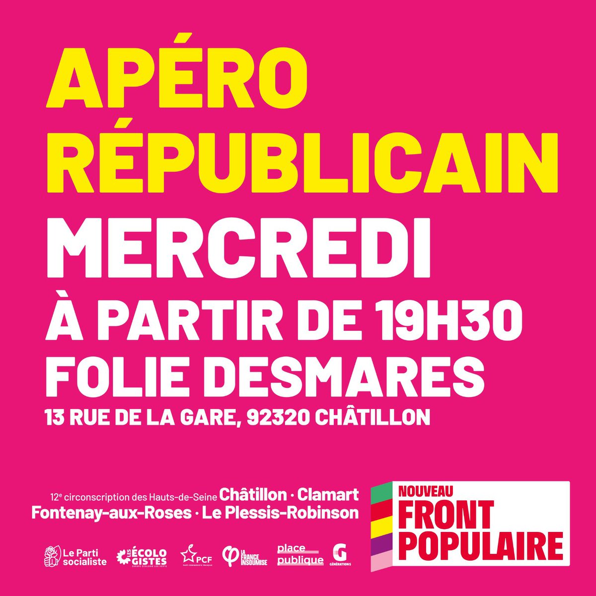 Apéro Républicain à 19h30 mercredi 3 juillet à Châtillon ! Ouvert à toutes et tous ! <a href="/Circo9212/">circo9212</a> #nouveaufrontpopulaire
