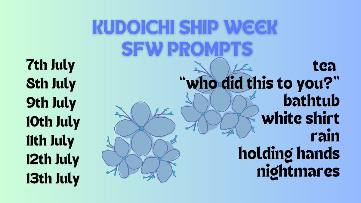 kudoichiweek's tweet photo. SFW PROMPT REVEAL, along with alternates so everyone can get started on creations! apologies for the delay 🫡

ao3 collection: https://t.co/MqhihqrZM4 https://t.co/kNh2R3hyMH
