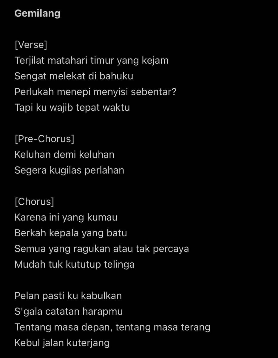 perunggu__'s tweet photo. "Gemilang" insya Allah bakal dibawain terus selama #BesokHariSeninTour2024. Liriknya kami taro dibawah sini. Siapa tau mau ikutan nyanyi. ⬇️ https://t.co/Sngw7kw6ca