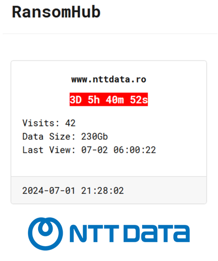 H4ckmanac's tweet photo. 🚨 #CyberAttack NTT DATA🚨

🇯🇵🇷🇴: The Romanian branch of NTT DATA, has been listed as a victim by the RansomHub ransomware group.

The hackers allegedly exfiltrated 230 GB of data.

Ransom deadline: 05th Jul 24.

NTT DATA Corporation, with a revenue of 3.49 trillion JPY (approximately 25.48 billion USD) is a Japanese multinational information technology service and consulting company headquartered in Tokyo, Japan. It is a partially-owned subsidiary of Nippon Telegraph and Telephone.

#Ransomware #Japan #Romania