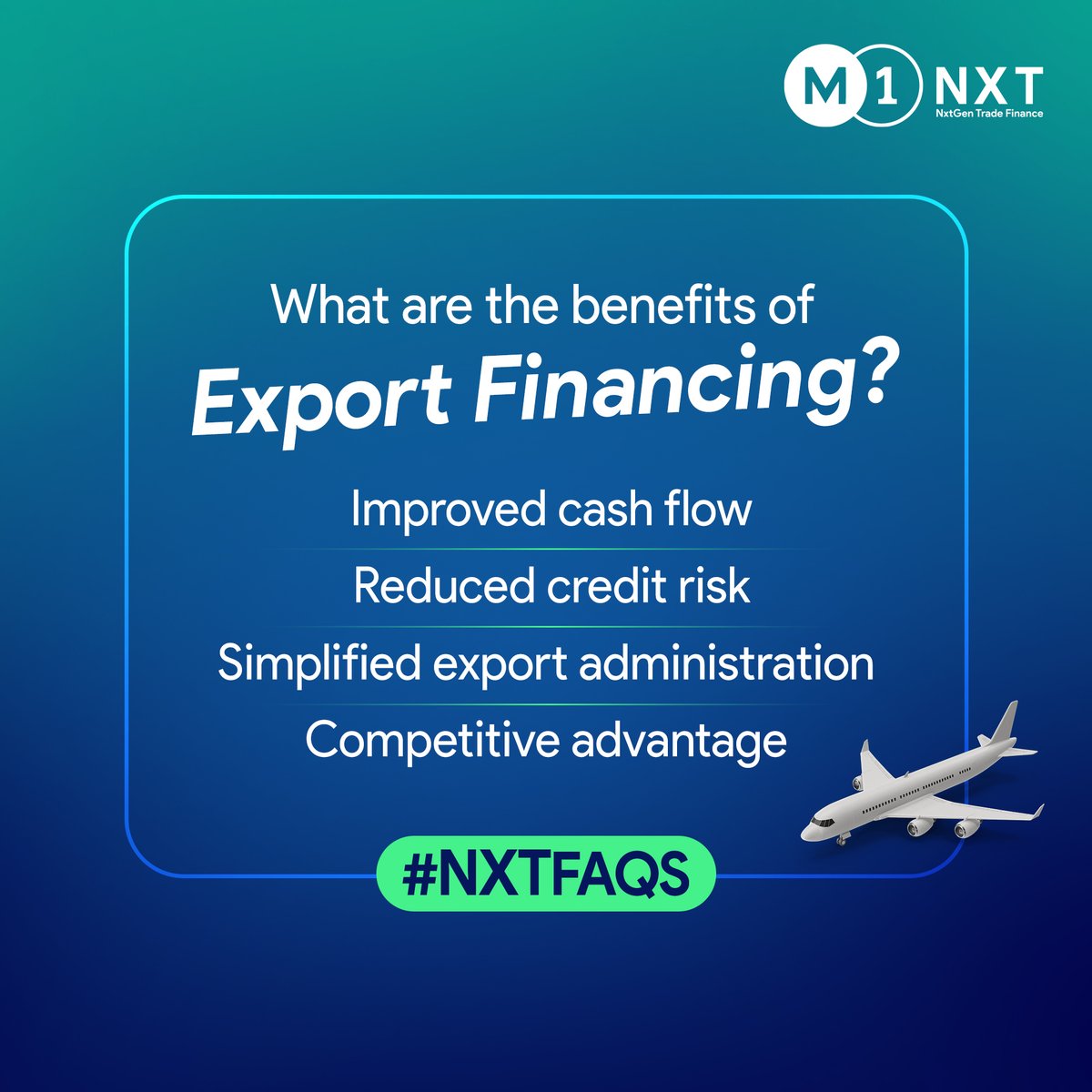 M1Nxt's tweet image. Thinking about getting export financing but don’t know if it is a good choice? 
In this edition of the #NXTFAQs, we answer this burning question and tell you the benefits of export financing and what you can gain from it.

#M1NXT #ImprovedCashFlow #ExportFinancing