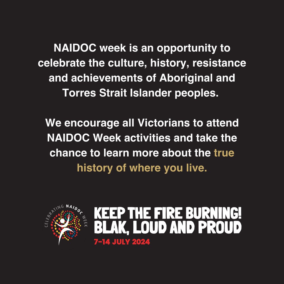 yoorrookjc's tweet photo. Today marks the beginning of NAIDOC week which will run from 7-14 July with this year's theme: Keep the Fire Burning! Blak, Loud and Proud. 

Find out which NAIDOC events are happening in your area here:
https://t.co/Uoq7jd6BY8

#NAIDOC2024 #NAIDOCWeek #BlakLoudProud https://t.co/XXujaN7zfo