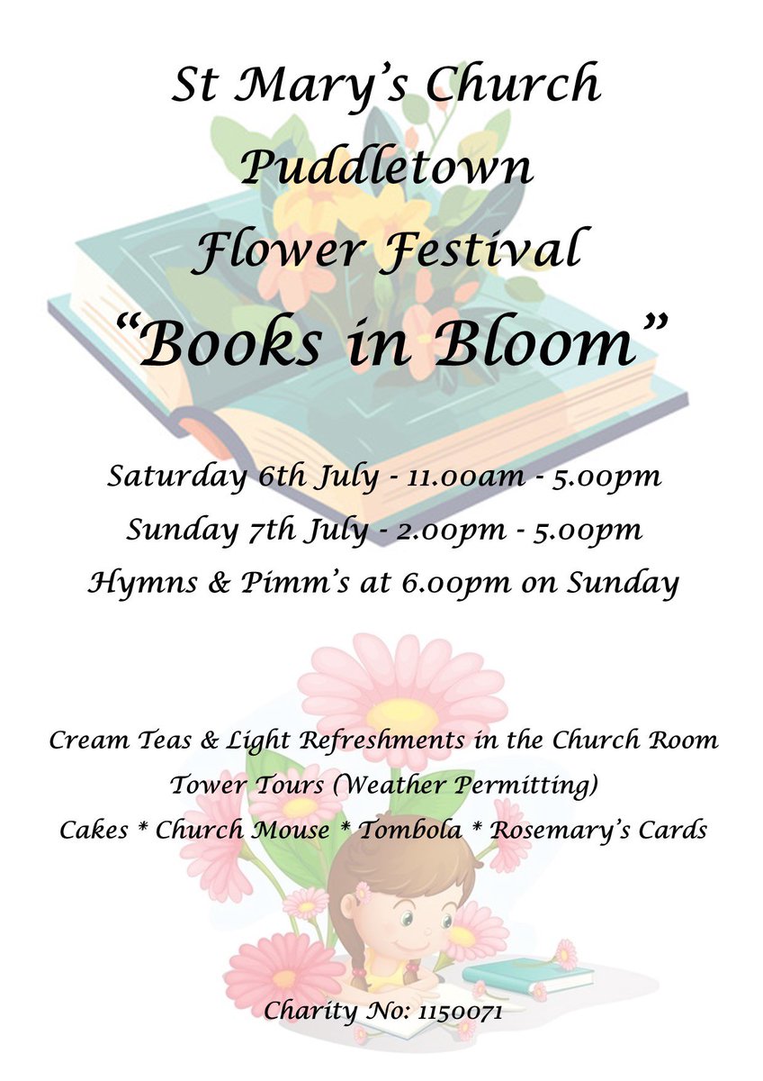 ME_Mum's tweet photo. Flower Festival, Tower Tours, and Hymns &amp; Pimms this coming weekend (6th &amp; 7th July) at St Mary’s Church, Puddletown.

Parking available at Puddletown Surgery (DT2 8FY) from midday on Saturday.

All welcome! https://t.co/rwHlBUZGjw