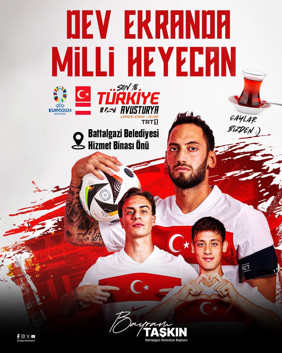 avbayramtaskin's tweet photo. 📣 MAÇ GÜNÜ

A Milli Futbol Takımımıza son 16 turunda karşılaşacağı Avusturya mücadelesinde başarılar diliyorum. 

🇹🇷 Türkiye 🆚 Avusturya 🇦🇹 
🕗 22.00
📺 TRT1

#BizimÇocuklar
#EURO2024 https://t.co/QJ9bzxXkr0