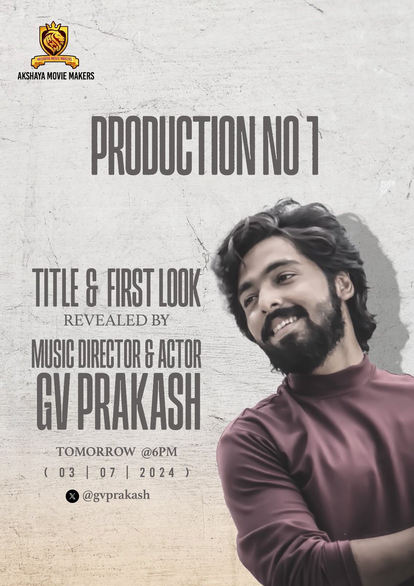 The Creator of Fresh Music, <a href="/gvprakash/">G.V.Prakash Kumar</a> will launch Akshaya Movie Makers #ProductionNo1 tomorrow. 

Unleashing a never-before tale of horror! 

Producer Ln <a href="/ProducerNataraj/">Nataraj</a>

<a href="/Ajayfilmfactory/">Ajay Film Factory</a> 

Direction <a href="/FilmDirectorEKM/">murugan murugan</a>
Dop - <a href="/pandiyank2008/">Pandiyan Kuppan</a>
Music - <a href="/HamaraCv/">Hamara Cv</a>

<a href="/PROSakthiSaran/">PRO Sakthi Saravanan</a>