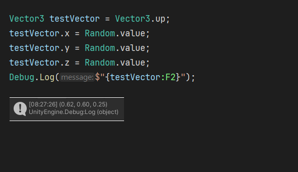 BinaryImpactG's tweet photo. #UnityTips
You have heard about the formatting options of strings, but did you know these work for structs like Vector3?

Use them in your interpolated strings to get a nicer output! In our example the F2 formats the float components to two digits.

#gamedev #indiedev https://t.co/ny73LJgJRs