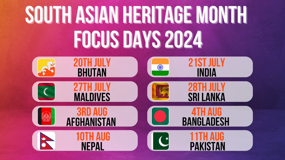 SAHM_UK's tweet photo. 🌟 Announcing #FocusDays for #SouthAsianHeritageMonth We dedicate special days to each South Asian country.
Let's honor and celebrate the rich cultures and heritages that make our community vibrant! 🌏❤️
#CelebrateDiversity #FreeToBeMe #SAHM24 https://t.co/npjPVUEJ8o