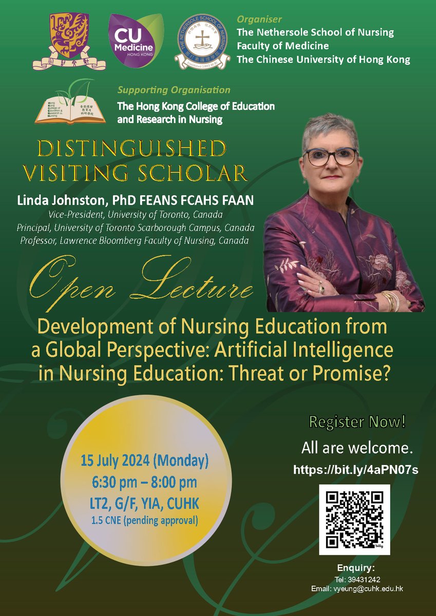 cuhknursing's tweet photo. Whether or not you are a nurse educator, you are welcome to join the discussion with Prof. Linda JOHNSTON @LindaJUoT about the changes in the sector brought upon by #AI! Sign up for free before 8 Jul: https://t.co/bSThN9ARUy https://t.co/Clf5GlXfbe