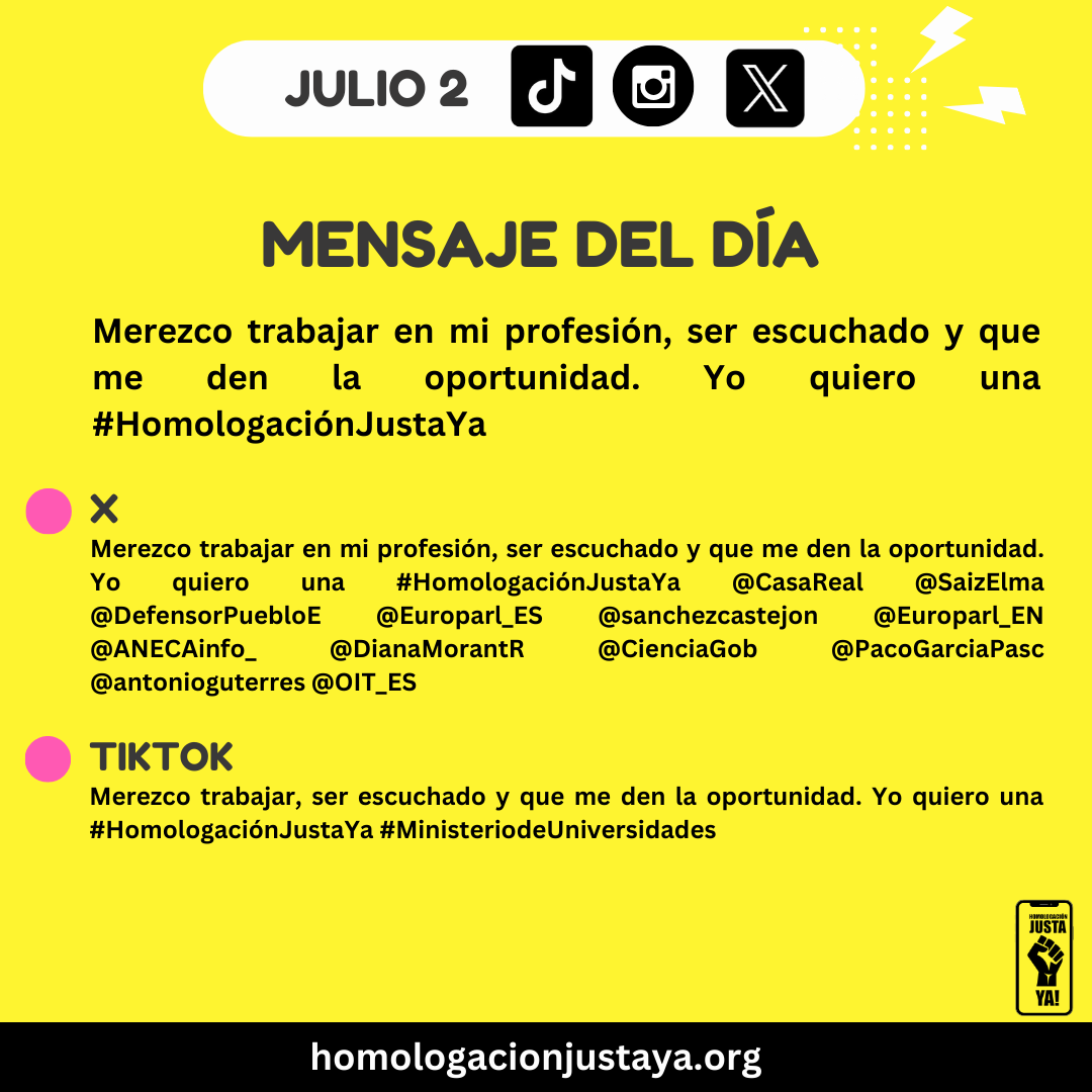 homologacionjya's tweet photo. 🟡 HOY es nuestro último día en esta II manifestación virtual! Recuerda que hay LIVE en IG a las 20Hrs

Copia y pega el siguiente mensaje:
Merezco trabajar en mi profesión, ser escuchado y que me den la oportunidad. Yo quiero una #HomologaciónJustaYa @CasaReal @SaizElma @DefensorPuebloE @Europarl_ES @sanchezcastejon @Europarl_EN @ANECAinfo_ @DianaMorantR @CienciaGob @PacoGarciaPasc @antonioguterres @OIT_ES
