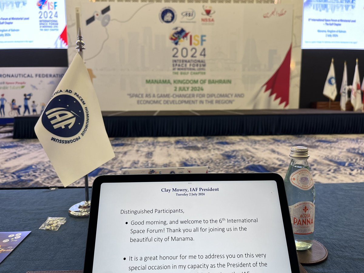 Good morning from Manama, Bahrain where <a href="/iafastro/">IAF</a> is hosting the 6th International Space Forum with the National Space Science Agency (NSSA) with Ministers and space agency leaders from the Gulf Region.
