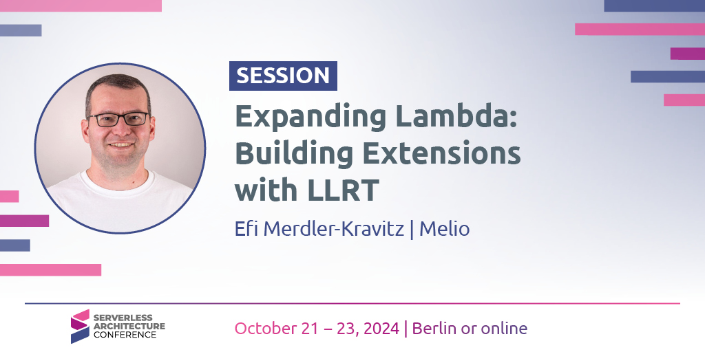 In this session, <a href="/TServerless/">Efi Merdler-Kravitz</a> will explore AWS Lambda extensions with a focus on the new LLRT language. Learn what Lambda extensions are, why to create custom ones, and their lifecycle. 

Don't miss this session!

▶️ ow.ly/L4ph50SsPwK ◀️