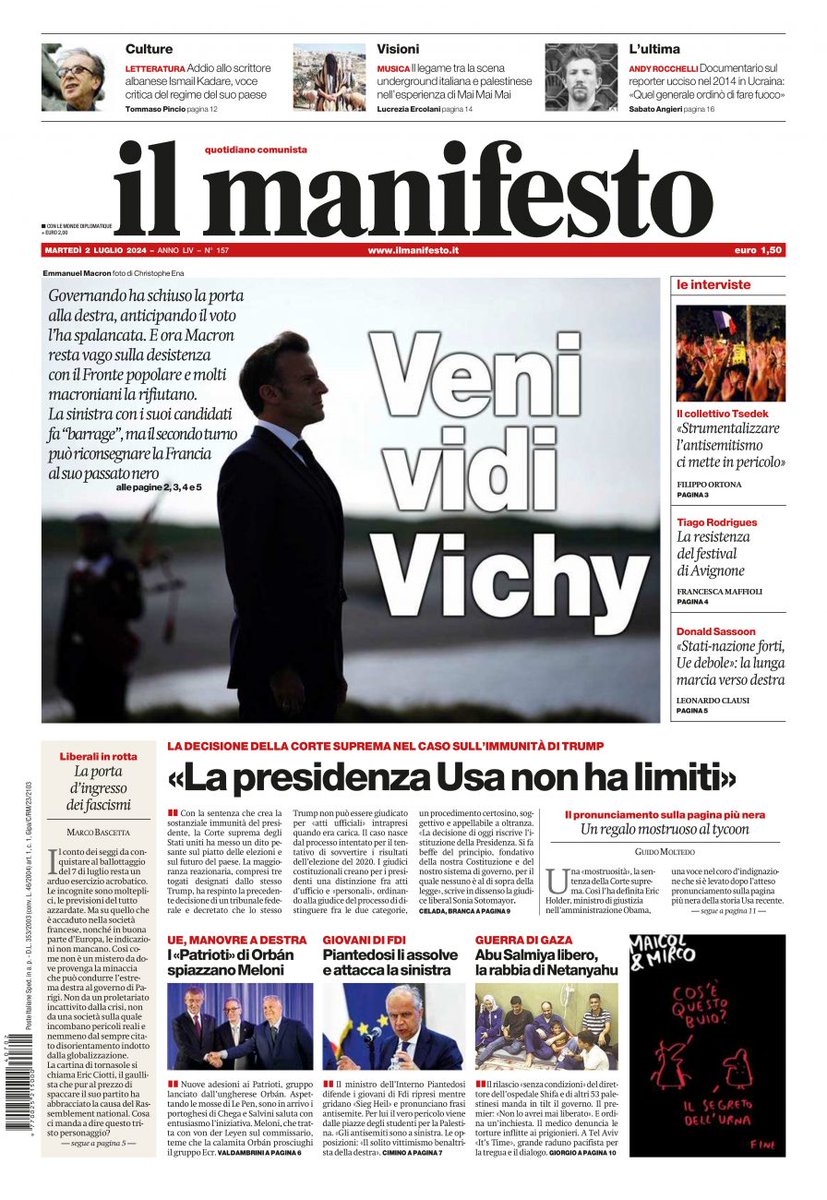 Governando ha schiuso la porta alla destra, anticipando il voto l’ha spalancata. Ora Macron resta vago sulla desistenza col Fronte popolare. La sinistra con i suoi candidati fa “barrage”, ma il secondo turno può riconsegnare la Francia al suo passato nero
#primapagina #2luglio