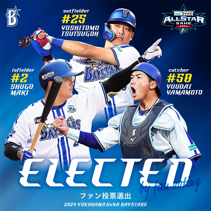 ydb_yokohama's tweet photo. #マイナビオールスターゲーム2024 ファン投票にて、#山本祐大 選手、#牧秀悟 選手、 #筒香嘉智 選手が選抜されました！！✨

詳しくはこちら
https://t.co/Lv0onpVxUJ

#オールスター 
#baystars https://t.co/yYJa9Vx9vN
