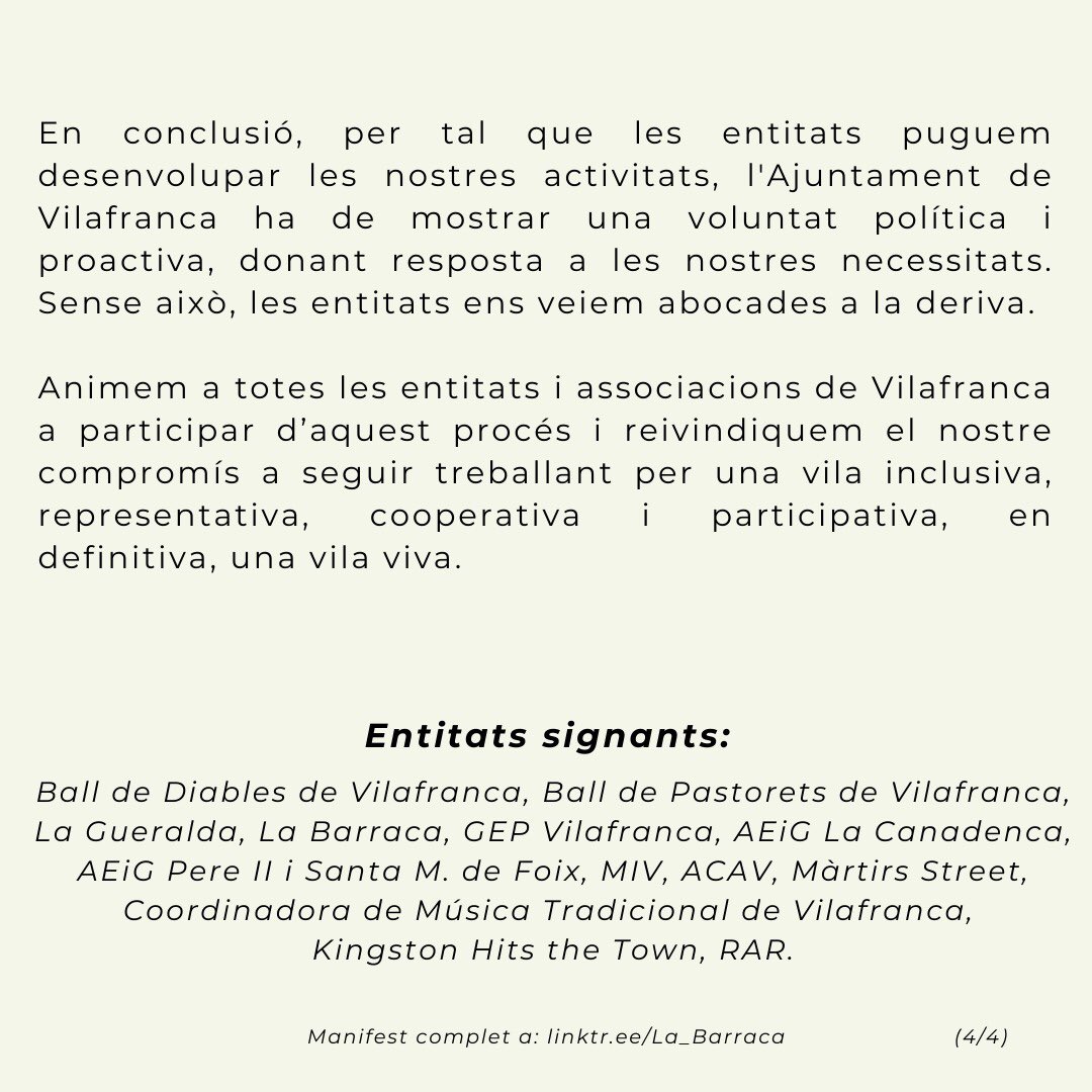 Manifest per una Vilafranca viva. 

Entitats signants: <a href="/diablesvila/">Ball de Diables de Vilafranca</a> <a href="/BallPastoretsVP/">Pastorets Vilafranca</a> <a href="/GEPVilafranca/">GEP Vilafranca</a> <a href="/AEIGPereiFoix/">AEIG Pere II i Santa Maria de Foix</a> <a href="/AEiGLaCanadenca/">AEiG La Canadenca</a> <a href="/esplaiMIV/">MIV</a> @CoMuTraVi <a href="/lagueralda_cpv/">La Gueralda, Casal Popular de Vilafranca</a> <a href="/FMPopularVila/">La Barraca</a> Màrtirs Street, RAR, Kingston Hits The Town, ACAV.