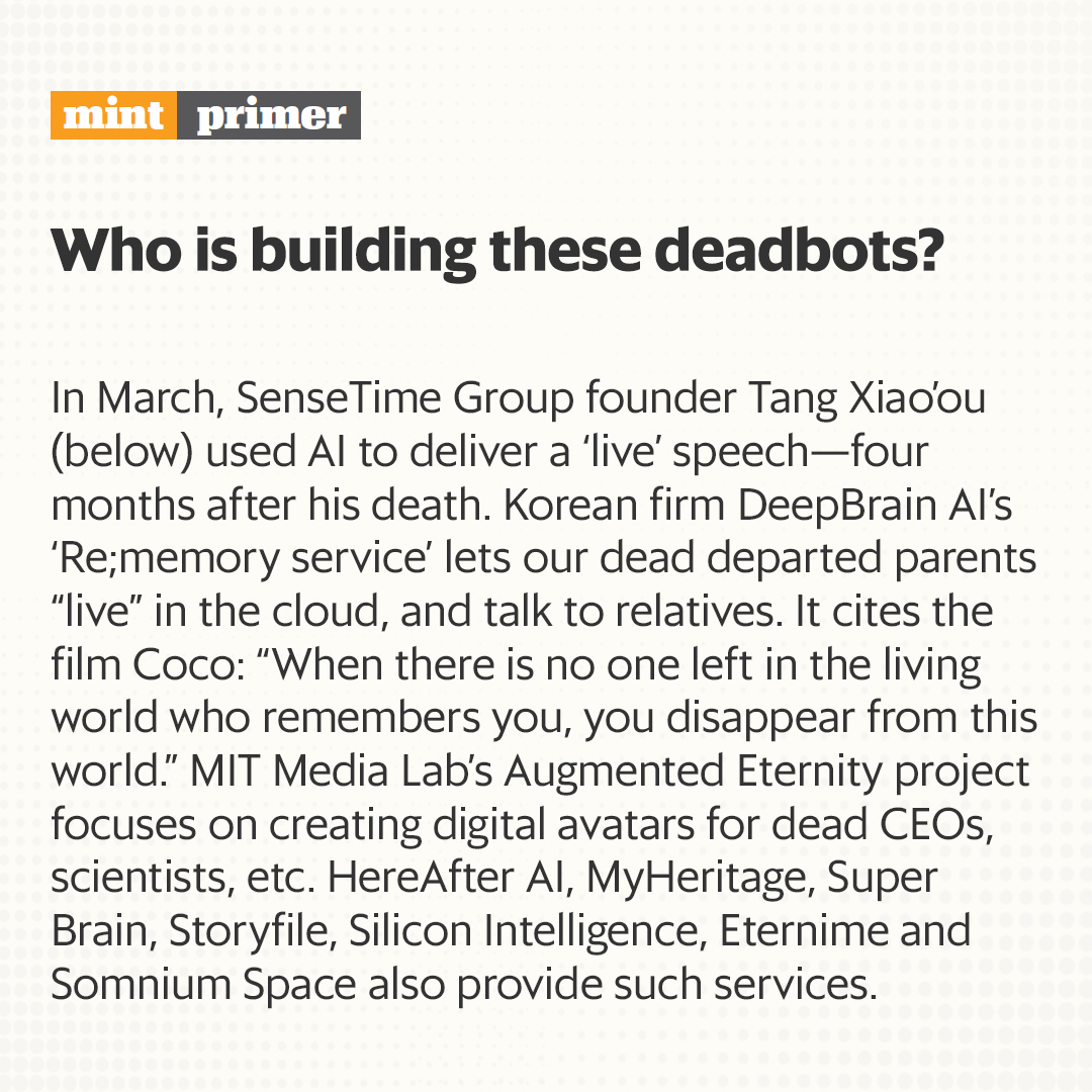 livemint's tweet image. #MintPrimer | Korean firm #DeepBrainAI’s ‘Re;memory service’ lets our dead departed parents “live&quot; in the cloud, and talk to relatives.

Read here: read.ht/Sb1D