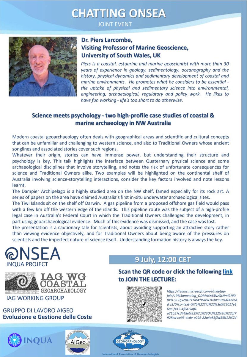 OnSea_Inqua's tweet photo. You are welcome to join us for the 3rd Chatting OnSea event with dr. Piers Larcombe from @UniSouthWales for a talk on coastal and marine archaeology in NW Australia. 

@INQUA @INQUA_ECR @INQUA_CMP https://t.co/pkBows9z30